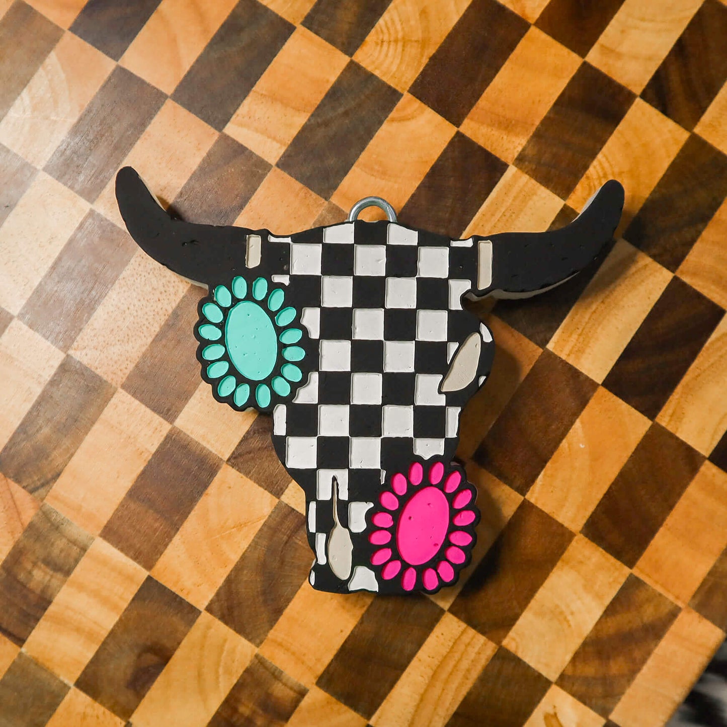 Checkered Bullskull with Turquoise Conchos