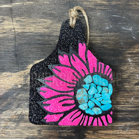 Turquoise Flower Cow Tag Freshie